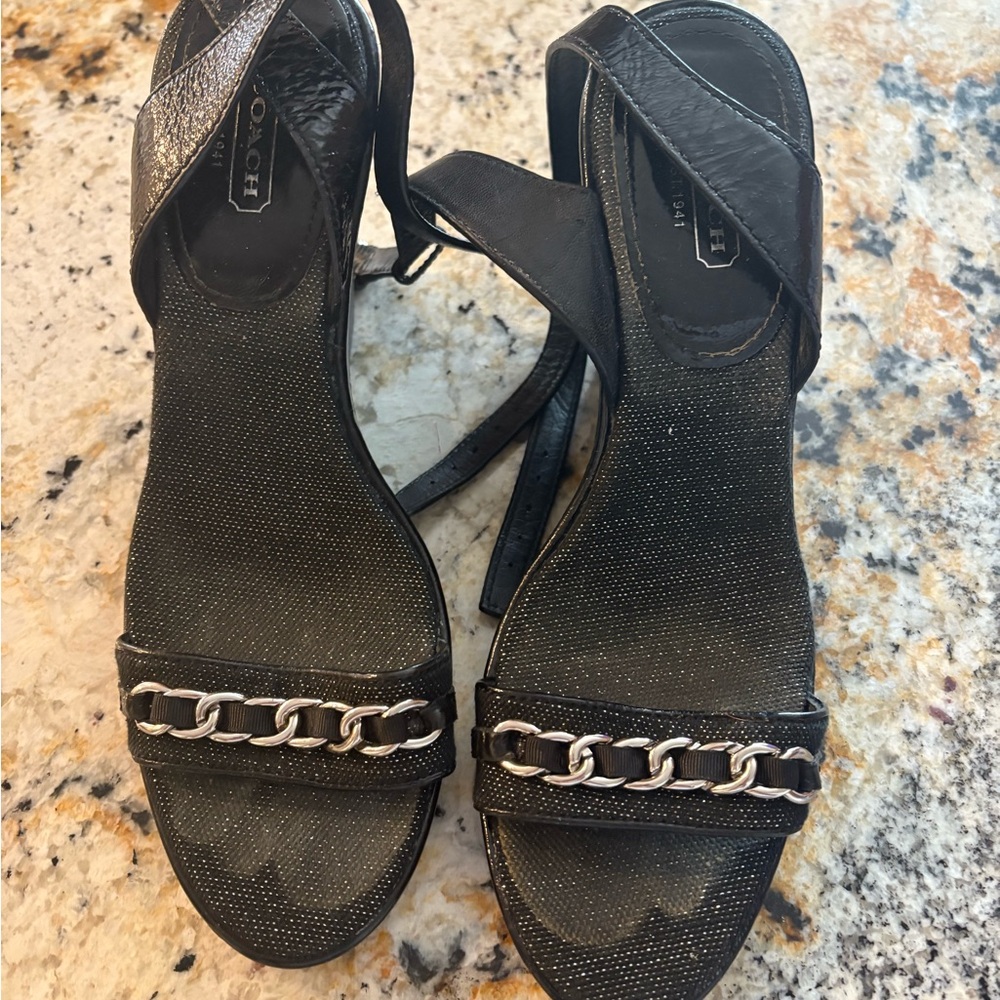 Coach Black Sandals with Silver Chain Accent